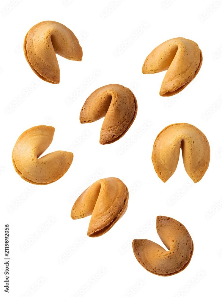 Obraz premium Seven fortune cookies spread out, isolated on transparent background, sweet baked goods.