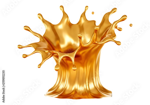 Golden caramel liquid splash captured mid-air isolated on transparent background.