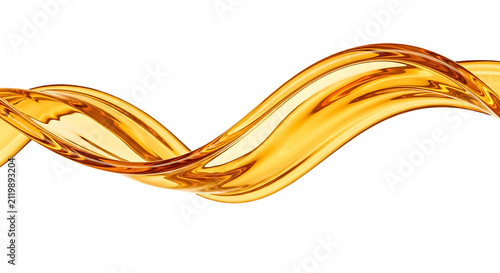 Smooth golden ribbon wave of liquid isolated on grey background.