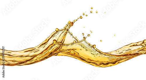 Abstract golden wave splash with droplets on grey background.