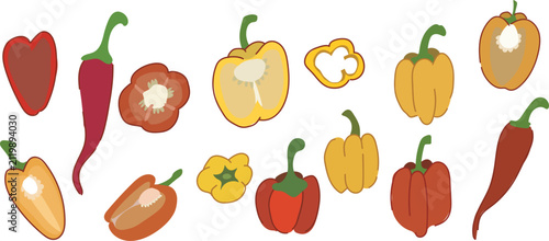Vector set of hand-drawn style pepper illustrations on a white background.