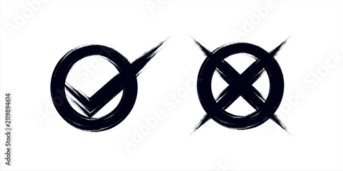 Grunge Check Mark And Cross Icons In Circular Brush Strokes For Validation And Rejection Symbols