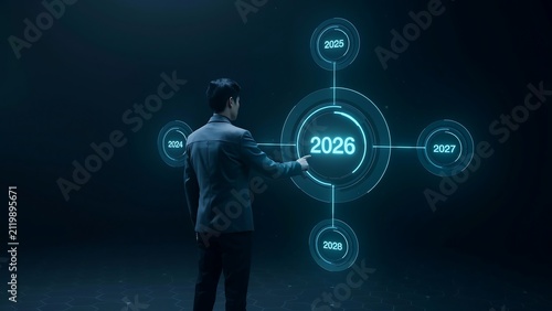 Person interacting with futuristic holographic year 2026 display
