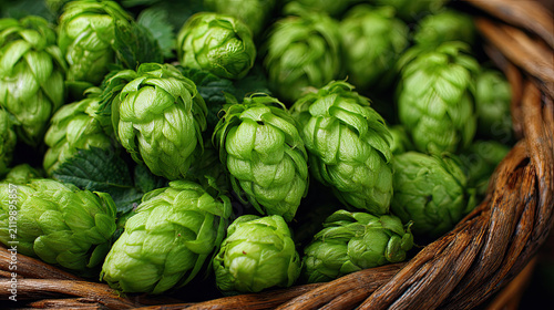Hop cone harvest. Fresh green flowers with water droplets. Agricultural composition for brewing design  