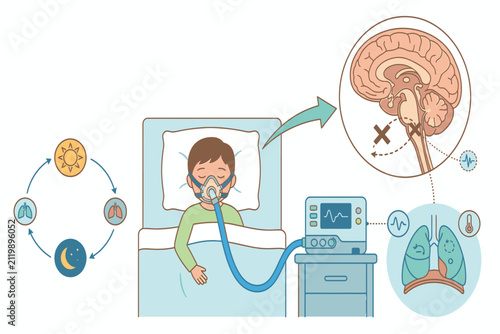 Child receiving assisted ventilation with pediatric respiratory support, intensive care monitoring, and compassionate medical treatment daily.