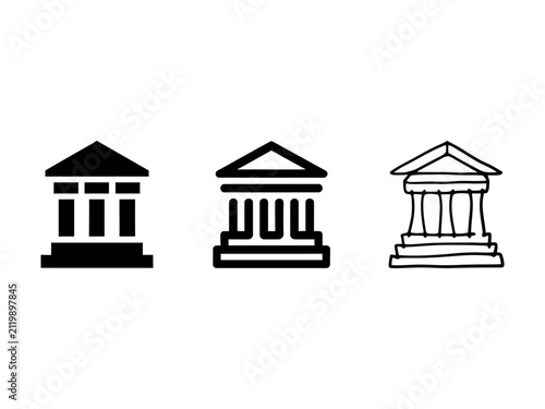 Classical building or bank icon set in flat, outline, and hand-drawn styles
