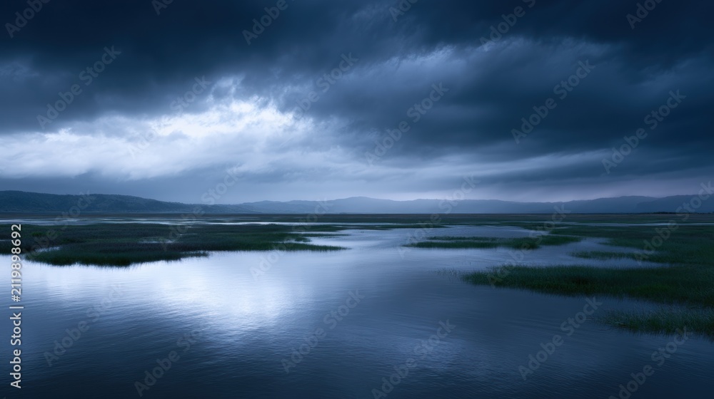 Fototapeta premium Landscape photograph of a stormy sky over a body of water. the sky is filled with dark, ominous clouds that are covering the entire horizon.