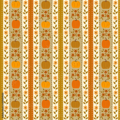 Autumn seamless pattern with orange pumpkins and folk art floral borders, fall cottage core background
