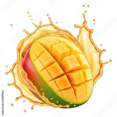 Two whole mangoes and one cut in half splashing in vibrant yellow juice.