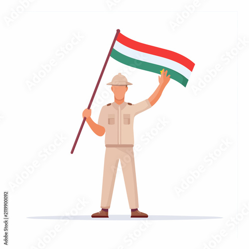 Bild auf Leinwand Illustration of a man in tan scout uniform holding a waving red white and green
