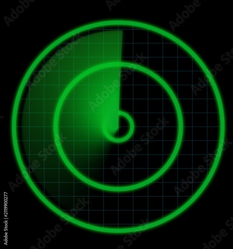 Green Radar Screen with Concentric Circles and Sweep Line on Grid Background sonar detection.