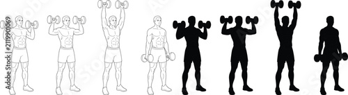 Foto Man Lifting Dumbbells Shoulder Press Exercise Line Art and Silhouette Vector Set