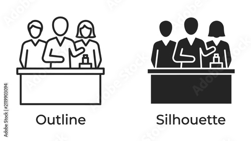 Obraz na płótnie Panel Discussion Icons: Two stylized icons depict a group of three people standing behind a table, representing a panel or presentation