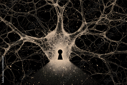 Intricate keyhole design, abstract neural network, cosmic textures, digital art for creative projects