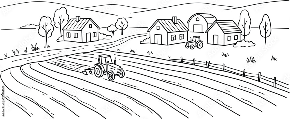 Fototapeta premium Rural landscape with farmhouses and a tractor plowing fields a black and white illustration