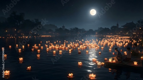 People releasing floating water lotus lanterns on lake night under full moon