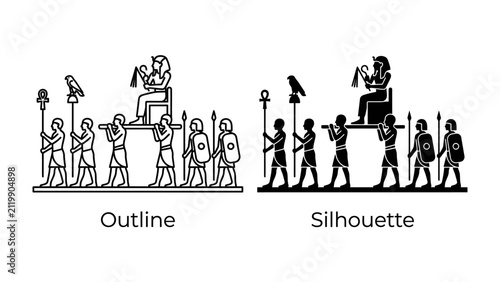 Fotografie Ancient Procession: A regal figure enthroned and carried on a palanquin, accompanied by attendants bearing staffs and a bird emblem, depicted in both outline and silhouette for stylistic versatility
