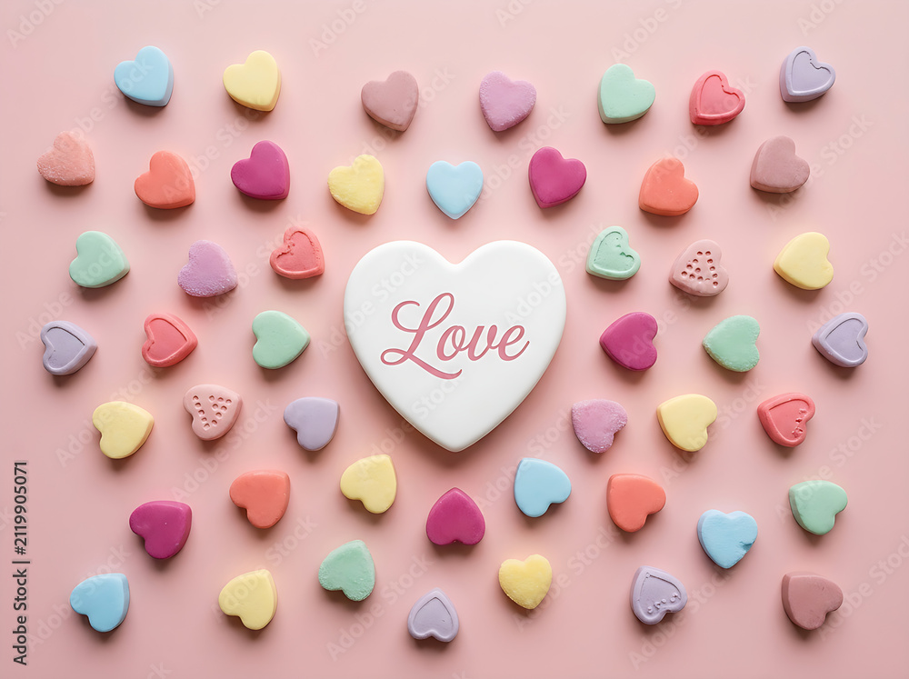Fototapeta premium Charming Valentine heart candies pattern with a white Love candy center placed on a light pink background.
