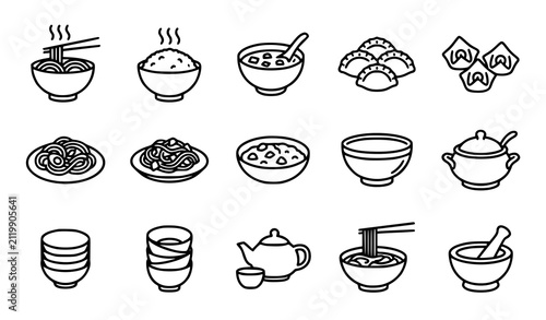 Obraz na plátne Asian Food Line Icons Collection with Noodles Soup Tea and Traditional Cuisine V