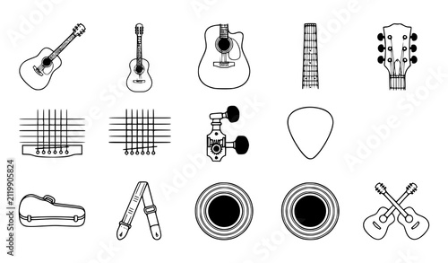 Acoustic Guitar Music Instrument Outline Icon Collection Vector Illustration Isolated on White Background