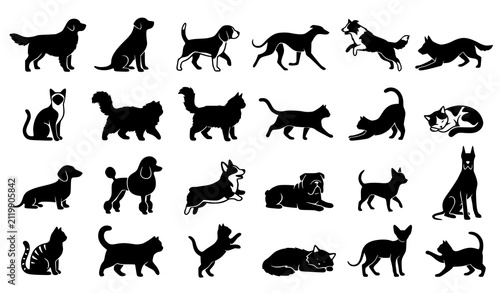 ​Dog Breeds Silhouette Icon Collection Running Standing Sitting Poses Vector Set On White Background