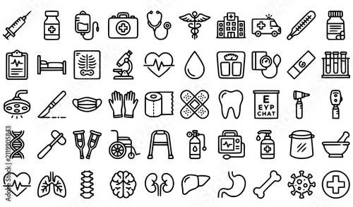 Medical Healthcare Hospital and Pharmacy Outline Icons Collection Vector Illustration Isolated on White Background