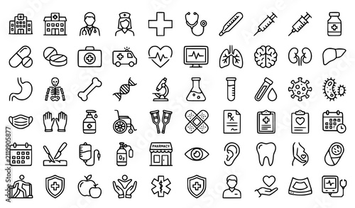 ​Medical Healthcare Thin Line Icon Set Hospital Doctor Equipment Symbols Vector Pack On White Background