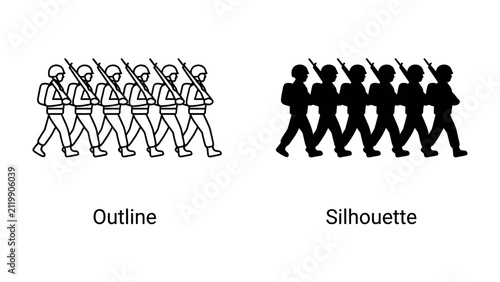фотографія Marching Soldiers: A clear depiction of marching soldiers, presented in both outline and silhouette forms, showcasing uniformity and discipline