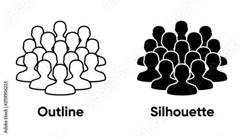 Group of people icons: Two distinct groups of stylized human figures are presented, one as white outlines and the other as black silhouettes, representing collective bodies.