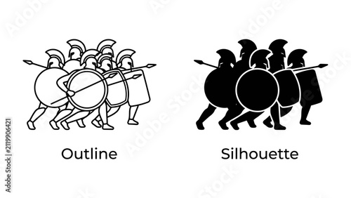 Foto Ancient Warriors: A visual representation showcasing ancient warriors in formation, depicted in both outline and silhouette styles, ready for battle with shields and spears