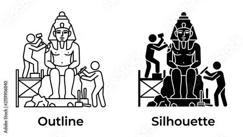 Quadro su tela Ancient Egyptian Sculpting: An artistic representation of ancient Egyptian artisans meticulously carving a colossal pharaoh statue, showcasing historical craftsmanship and cultural heritage