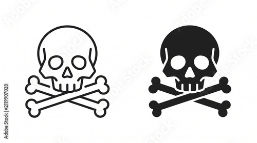 Two stylized skull-and-crossbones icons side by side, one outlined and one filled, symbolizing danger or toxicity in minimalist design.