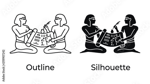 Foto Ancient Scribes: Two ancient Egyptian figures, depicted in both outline and silhouette, kneel and meticulously record information onto a scroll