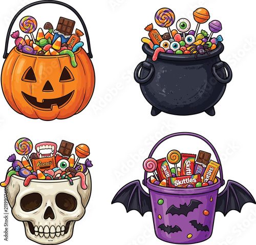 Collection of four different halloween candy buckets including a carved pumpkin and a witch cauldron with sugar rush, halloween