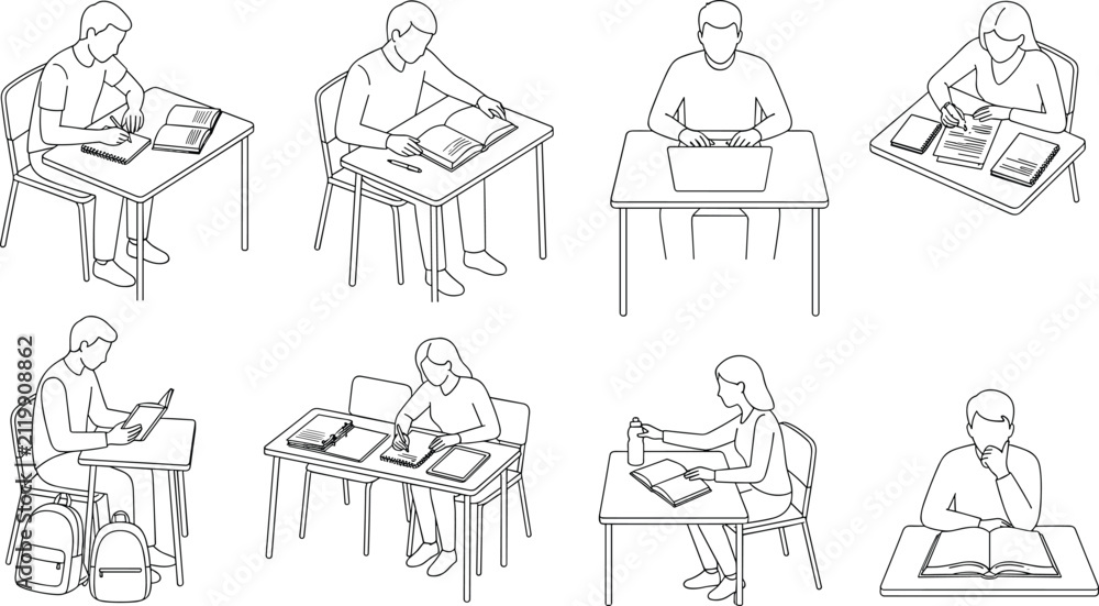 Fototapeta premium Students Studying at Desks Line Art Vector Set for Education and Classroom Design