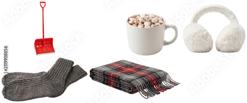 Cuadro en lienzo A collection of winter essentials featuring a scarf, thermal socks, earmuffs, a hot mug, and a snow shovel