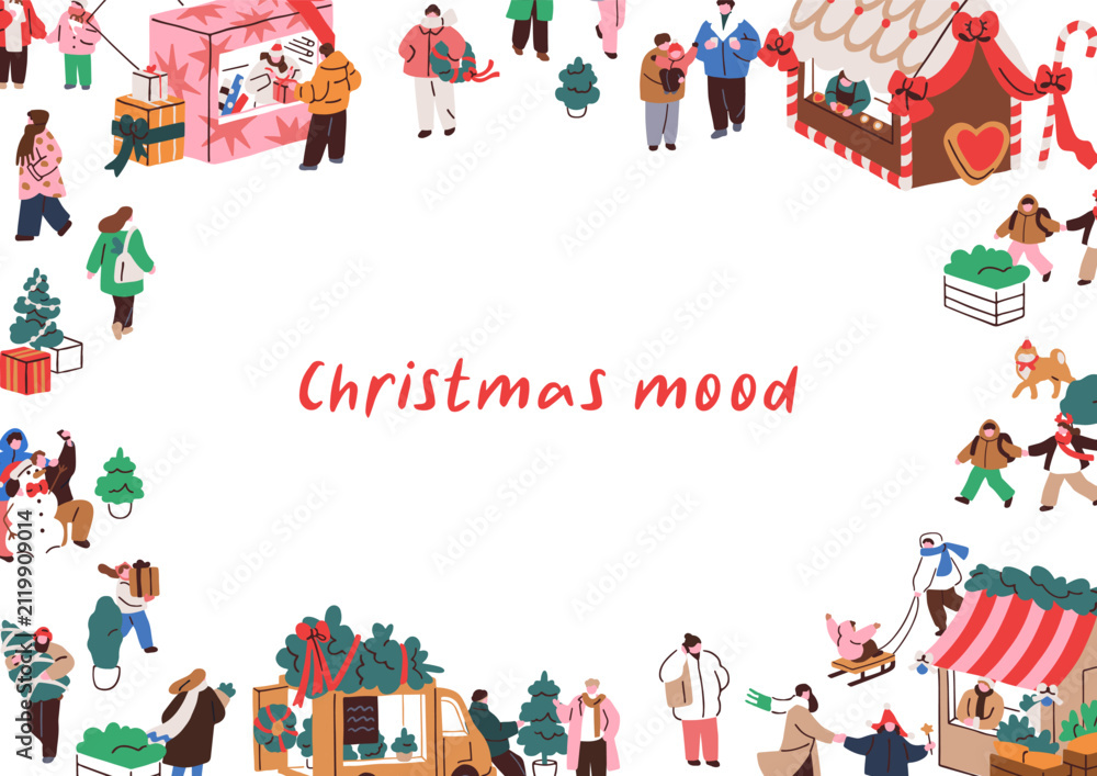 Naklejka premium Christmas fair, winter holiday market, framed background design. Festive Xmas and New Year bazaar, advent event with tiny people, outdoor stalls, seasonal street kiosks. Flat vector illustration