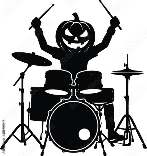 Silhouette of a scary pumpkin head musician playing drums on halloween night with drums kit jack o lantern silhouette halloween