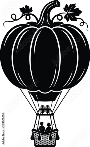 Surreal illustration of a giant pumpkin hot air balloon landing on a grid pattern ground with perspective illustration vegetable