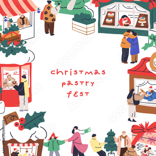 Christmas card design. Framed square background with tiny people walking outd...