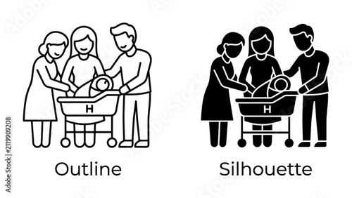 Bild auf Leinwand Family Embrace Icon: A heartwarming outline and silhouette icon depicting a loving family surrounding a newborn baby in a bassinet, symbolizing new life and parental devotion