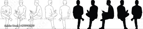 Seated Man Using Smartphone Silhouette and Outline Character Poses Vector Collection