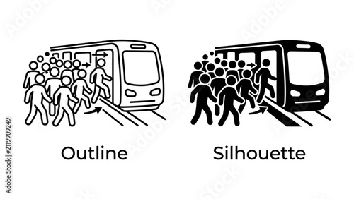 Konstfotografi Crowded Train Stations: Two graphic representations, an outline and a silhouette, depict a bustling scene of people disembarking and boarding a train