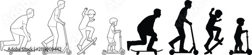 Skateboard and Kick Scooter Poses Line Art and Black Silhouette Vector Collection for Art Reference