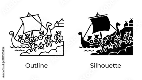 Canvastavla Viking Ship Landing: An artistic depiction of Viking warriors disembarking from a longship onto a rocky shore, complete with traditional helmets and shields, showcasing a historical adventure scene