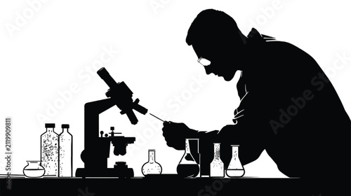 Chemist conducts a detailed chemical analysis using a microscope and various glass flasks in a high-contrast environment designed for scientific publications and educational graphic resource.