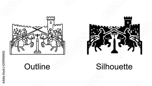 Foto Medieval Jousting Tournament Outline and Silhouette: Two contrasting styles, outline and silhouette, depict a classic medieval jousting tournament scene with knights on horseback