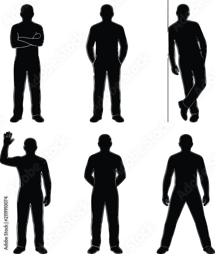 Standing Men Silhouettes Set with Various Casual Body Poses and White Outlines