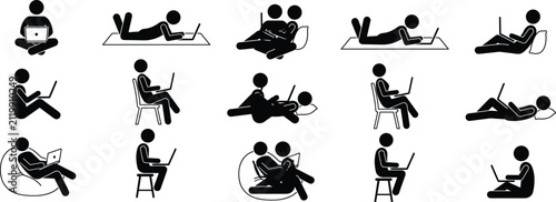 Stick Figure People Using Laptop Vectors Set in Various Working and Relaxing Poses