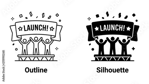 Принти на полотні Launch Celebration Icons: A duo of stylized graphics, one outlined and one in silhouette, depicting figures celebrating a launch event with confetti and a banner proclaiming LAUNCH!